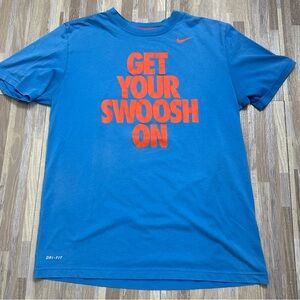 Nike Dri-Fit "Get Your Swoosh On" Blue T-Shirt with Orange Letters, Men’s Large